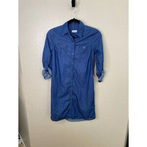 Maison Jules Womens Denim Button-Up Shirt Dress Roll Sleeves Cotton Small Blue